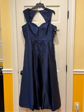 Adrianna Papell Navy Satin Fit-and-Flare Midi Dress
